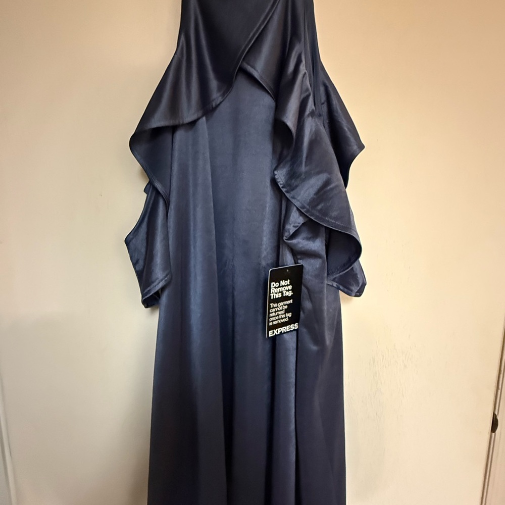 Express Navy Blue Ruffle Cold-Shoulder Mini Dress - Picture 2 of 8